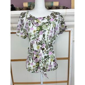 Susina Delicate Botanical English Floral Multi Way Tie-Waist Short Sleeve Blouse